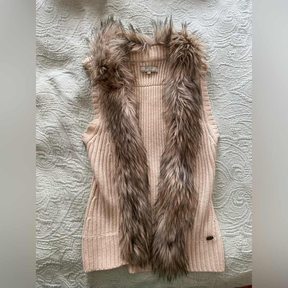 Guess Y2K 00 Faux Fur Trim Knit Sleeveless Vest Cream Ribbed